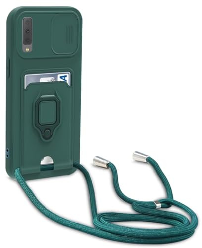 Beajew Handyhülle Hülle kompatibel mit Samsung Galaxy A7 2018, Slide kameraschutz, Handyhülle zum Umhängen Kette, 360 Grad Ringhalter Stand Kartenfach für Samsung Galaxy A7 2018, Dunkelgrün