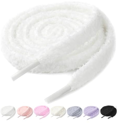 Stepace Lacets fluffy 10mm pour baskets, lacets chaussures plats en peluche, lacets larges moumoute Blanc 120cm