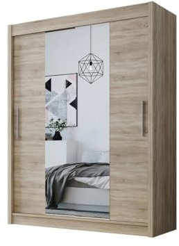 Easy4You D2 150 cm Sonoma Schiebetüren Kleiderschrank 150x200x58 cm mit Spiegel - Schlafzimmermöbel, Aufbewahrung - Mehrzweckschrank