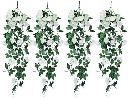 RECUTMS Künstliche Rosenpflanze zum Aufhängen, 90 cm, künstliche Efeu-Pflanzen, UV-beständig, für Hochzeit, Zuhause, Büro, Bogen, Arrangement, Dekoration, Weiß, 4 Stück