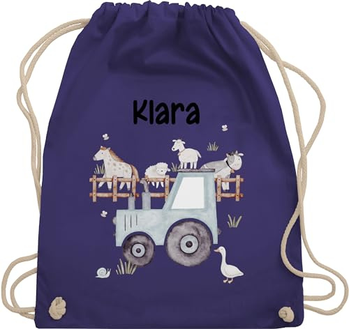 Turnbeutel Rucksack - Bauernhof Traktor Tiere mit Namen Landwirtschaftlicher Tiermotiv Bauernhoftieren - Unisize - Lila - personalisierter kinderrucksack stoffbeutel trecker traktoren kuh beutel