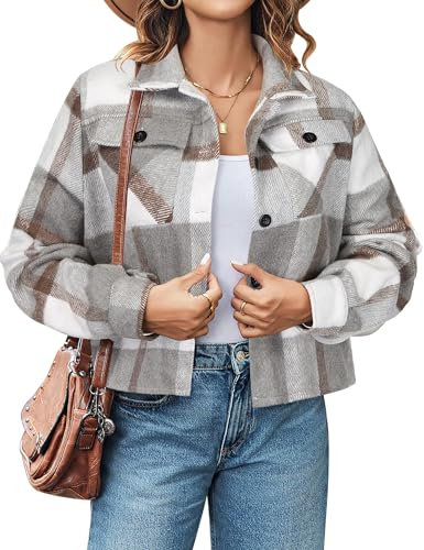 Zeagoo Damen Hemdjacke Karierte Kurzjacke Langarm Shacket Mantel Flanell Jacke Kurz Hemdbluse Grau M