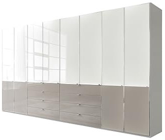 WIEMANN Drehtürenschrank mit 8 Schubkästen hochwertiger Kleiderschrank Schlafzimmerschrank 400cm breit, mit Schubladen, Glas Kieselgrau, Korpus Weiß, Höhe 216cm, Shanghai