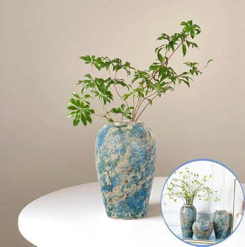 Rustikale Keramik-Blumenvase, hohe 30 cm große Vintage-blaue Vasen, handgefertigte Bauernhaus-Vase, Chinoiserie Keramikvase für Wohnzimmer, Boden, Schlafzimmer, Bücherregal, Esszimmer, Heimdekoration