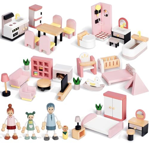 Kit de Meubles de Maison de Poupée en Bois, 36 Meubles avec 4 Poupées Familiales, Accessoires de Maison de Poupée, Jeux de Simulation pour Garçons, Filles et Tout-Petits 3 Ans +