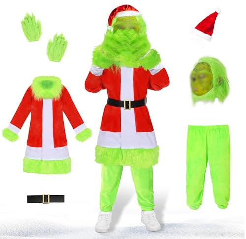 Grinch Kinderkostüm Grünes pelziges großes Monster Kostüm für Kinder 6-teilig,Weihnachtsmütze Maske, Handschuhen, Weihnachtskostüm für Jungen und Mädchen, Cosplay & Weihnachten