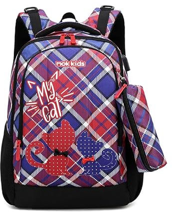 Cusangel Kinder-Rucksack, Lila und Beige, mit mehreren Taschen und verstellbaren Riemen (Blau-Rot)
