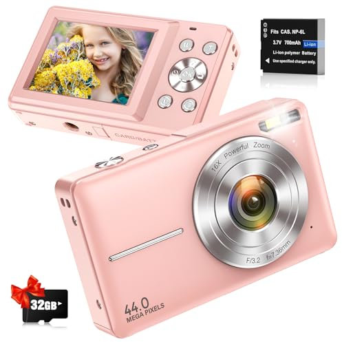 Macchina Fotografica Digitale Fotocamera Digitale Compatte 1080P 44MP Fotocamera Compatta Con 2,4 LCD, Zoom 16X, Scheda 32Gb, Macchina Fotografica Compatta Per Principianti Ragazzi Bambini, Rosa