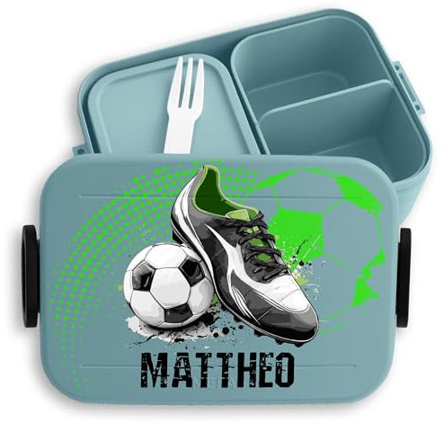 Kinder Bento Box Midi Lunchbox Mepal Bentobox - Fußball - Brotdose für Jungs mit Namen personalisieren | Ideal für Kindergarten Schulstart Geburtstag oder Weihnachten - 900 ml - Türkis