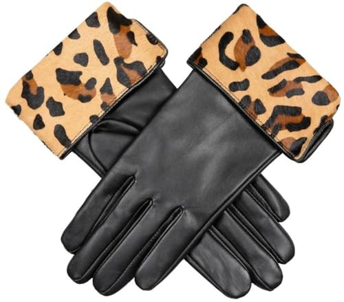 Dents Womens Maya Ponyskin Leopard Print Cuff Leather Gloves - Black