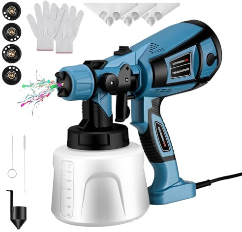 Paint Sprayer, Ovshnrr 800W & 1400ML Electric Spray Gun, 3 Spraying Modes Electric Paint Gun with 4 Copper Nozzles for Walls, Fences, Wood and Ceilings (Blue)
