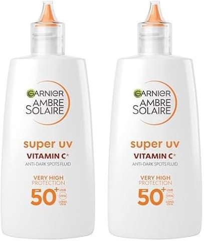 Garnier UV-Sonnenschutzfluid gegen dunkle Flecken, Sehr hoher Sonnenschutz mit LSF 50+, Unsichtbares Finish, Ambre Solaire Super UV Vitamin C Daily Fluid, 1 x 40 ml (Packung mit 2)