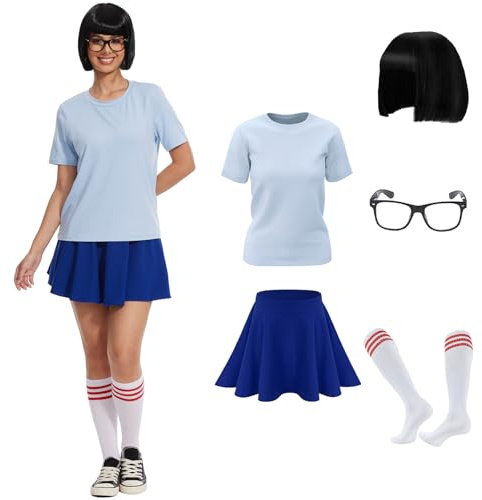 AJGEGJE 6 Stück Film Klassische Charaktere Kostüm Damen | Mit Top Rock Brillenfassung Perücke, für Karneval Halloween Cosplay