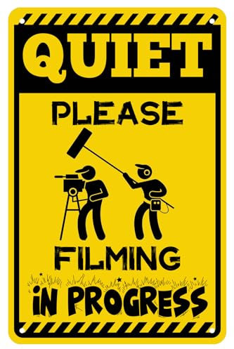 Plaque en étain 30,5 x 40,6 cm « Quiet Please Filming » - Décoration jaune/noir