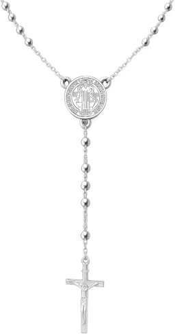 Only faith Collar Rosario Católico, Acero Inoxidable 316L, Largo collar de 50 cm, Medalla de San Benito, 59 Cuentas de 3 mm, Disponible en Plateado y Dorado (Medalla de San Benito Plateado)