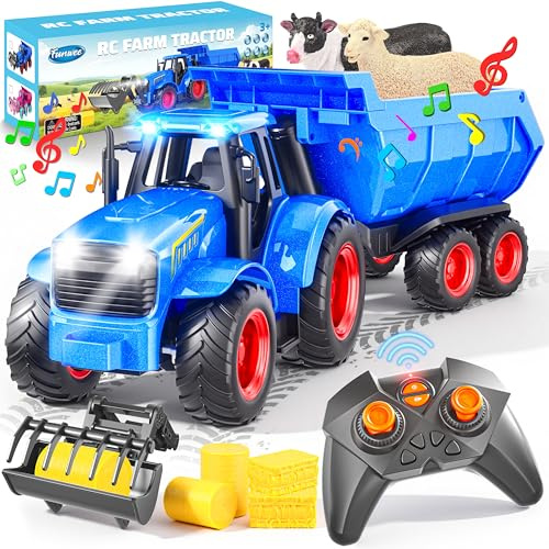 Funwee RC Tractor Toy Set with Light & Sound, Kids Farm Car Animal Trailer Wheels Remote Truck, Outdoor Vehicle Toys for 3-7+ Years Old Toddler Boy and Girl Gift(Blue)
