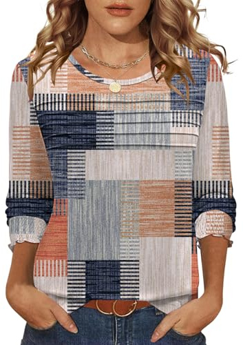IECCP Blusen & Tuniken für Damen Langarm Tops Elegant Rundhals mit Falten Oberteile Casual Locker Tunika Herbst Langarmshirt Blau Orange Plaid L