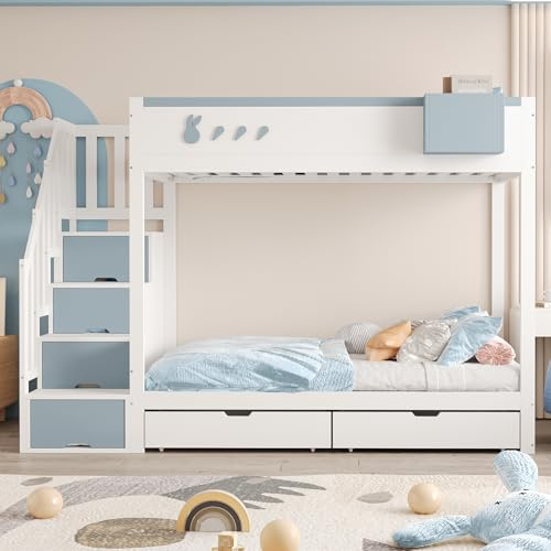 Dolamaní Letto a castello, 90 x 200 cm, motivo coniglio e carota, letto a castello per 2 bambini, letto a castello con 2 cassetti e vano scale, senza materasso (bianco + blu, 90 x 200 cm)