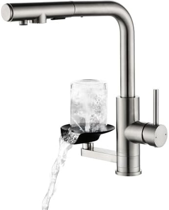 Grifo de Cocina 3 vías Extraible Filtro Agua Lavavasos, Torneira Cozinha | Grifos Cocina LakeBayMZC Fregadero acero Inox 304 Cepillado, Grifo Fregadero 3 Vías Rotación 360° Doble Salida para Cocina