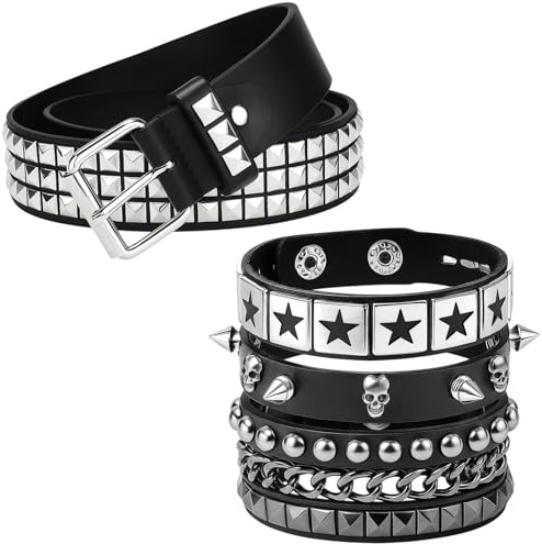 Yuwnd Nietengürtel Set, Studded Belt Accessoires mit 1 Gürtel und 3 Armband, Rock Punk Vintage Goth Nietengürtel Damen, Y2K Metall Square Gürtel Nieten für Jeans Rockwear Damen Herren