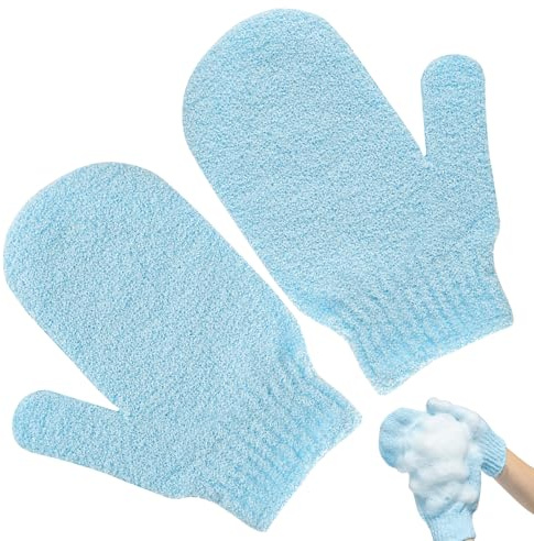 Exfoliating Gloves, 2pcs Bath and Body Exfoliator Mitts, Bamboo Shower Gloves, Scrubs Away Ingrown Hair and Dead Skin, for Shower, Spa, Massage and Dead Skin Cell Remover Loofah (Blue)