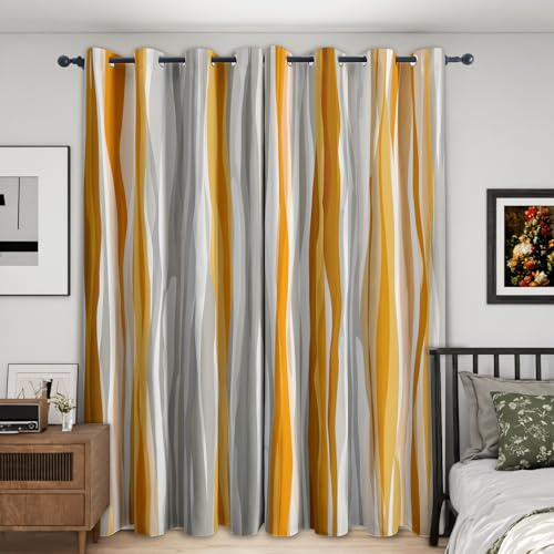 Generisch Blickdichte Vorhänge Gelb Grau Gestreift Muster, H 260 x B 140 2er Set - Modern Abstrakte Streifen Fenster Gardinen mit Ösen, 260 cm Lang Curtains Wohnzimmer Schlafzimmer Deko S&P-189