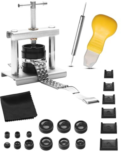 OulQinyhome Kit Pressa Orologiaio Professionale – Chiudere Cassa Orologio con 18 Matrici – Strumento per Riparazione Orologi e Sostituzione Batteria
