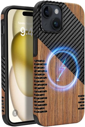 ZZDZZ Magnetisch Hülle für iPhone 15 Hülle 6,1 (Twill Holz) | ZZDZZ Hülle [Kompatibel mit MagSafe] Holz und Carbon Leder Design Handyhülle Stoßfest Schutzhülle