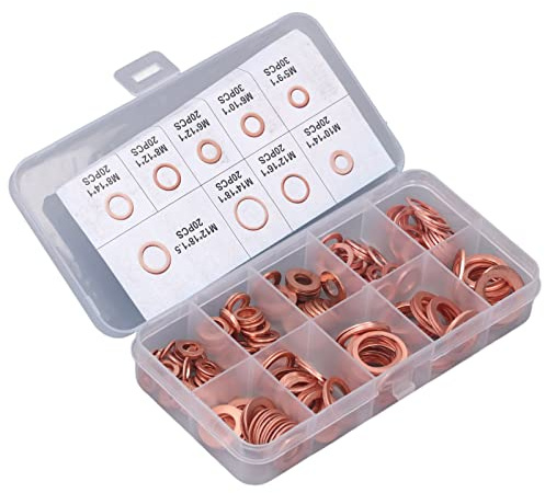 Jeffergarden Rondella Tappo Olio in Rame, Guarnizione in Rame Rosso da 200 Pezzi, Rondella Sigillante per Conduzione Eccellente, 9 per versatilità, Trattamento Termico, Tenuta Forte