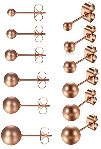 Damen Kugel Perle Ohrringe Ohrstecker - 6 Paare 3-8MM Edelstahl Elegant Fake Plug Fakeplugs Kugel Perle Stecker Rose Gold