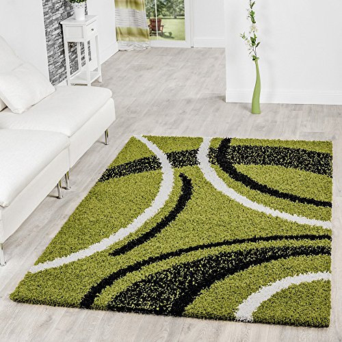 T&T Design Moderner Hochflor Teppich Shaggy Vigo Gemustert in Grün Schwarz Weiß Top Preis!!, Größe:70x250 cm