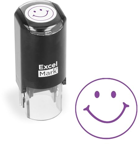 ExcelMark Smiley FACE - Self-Inking Round Teacher Stamp - Purple Ink