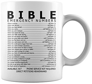 Mike Apparel Tasse mit Bibelversverweisen in Notfallnummer-Optik, für Damen/Herren, 313 ml, Weiß