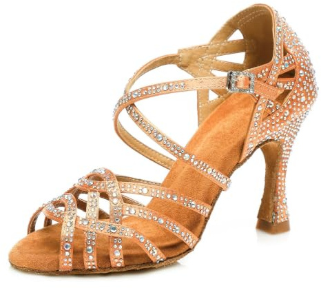 MINITOO Women's Ballroom Dance Shoes Glitter Rhinestones Salsa Latin Dancing Heels L357 Brow UK 4.5
