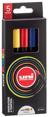 Posca - Uniposca Komplett-Set mit 5 Filzstiften, extra feine Spitze, 0,7 mm, Acrylfarben, ideal als Farben für Kinder und Künstler, Schreibwaren, Stofffarben und andere Oberflächen -