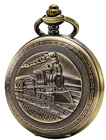 TREEWETO Taschenuhr mit Kette Herren Analog Handaufzug Dampflokomotive Holz Maserung Doppelscharnier Bronze