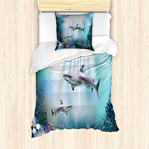 ABAKUHAUS Unterwasser- Bettbezug Set für Einzelbetten, Sharks Coral Aquatic, Milbensicher Allergiker geeignet mit Kissenbezug, Blau Weiß
