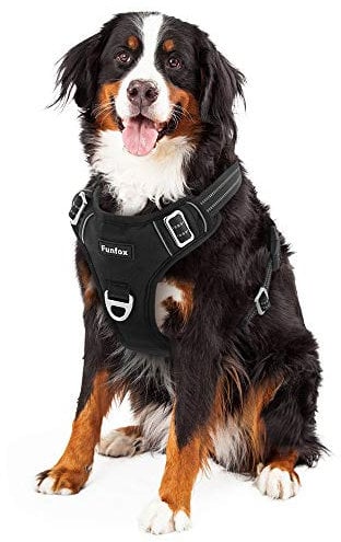 Funfox Hundegeschirr Grosse Hunde [XL] - Verstellbares Anti-Zug Brustgeschirr mit Griff & Reflektorstreifen, Atmungsaktives No Pull Hundegeschirr für Grosse/Mittelgroße Hunde Outdoor Schwarz