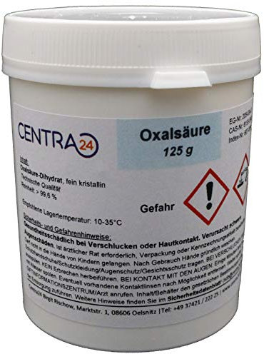 Centra24 Oxalsäure, 125g, >99,6%, technische Qualität, Kleesäure, Oxalsäure-Dihydrat, Holzreiniger, Pulver, Reiniger, Rostflecken, Marmor polieren, Bleichmittel
