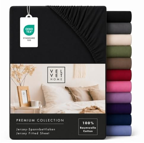 VelvetHome Spannbettlaken 180x200cm Jersey 100% Baumwolle, Schwarz | Spannbetttuch 180x200 für Matratzen & Topper bis 25 cm, gekämmte Baumwolle, OEKO-TEX, weich atmungsaktiv bügelfrei elastisch
