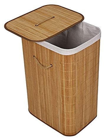 Wiltec Cesta plegable ropa sucia de bambú 72l color natural rectangular con saco interior extraíble 1 compartimento con tapa removible y asas