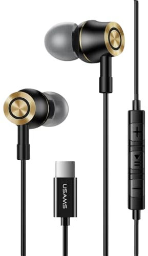 USAMS Type C Kopfhörer Noise Cancelling Ohrhörer in Ear kopfhörer für OnePlus Nord 8T, Samsung S21/ S20 FE/Note 20 Ultra/ S20, Huawei P30Pro/P40Pro, Google Pixel 3XL/4 XL/5 (Schwarz)