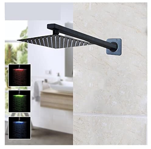 BJTYHT 8 10 12 16 Inch Black Shower Head Rainfall Tub Matte Black LED Shower W/Arm Bathtub Rain Shower Head Square Shower Head (0 : 0, Color : 8 Inch)