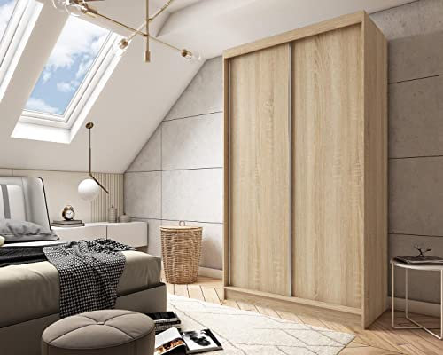 WFL GROUP Moderner Kleiderschrank Schwebetürenschrank 120 150 180 200 cm - Eiche Sonoma Kleiderschrank für Schlafzimmer mit Schiebetüren - Kleiderstange - 120 cm - Sonoma