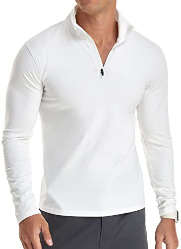 KUYIGO Men's Classic Zip Up Long Sleeve Polo Shirts Casual Slim Fit Tops Basic Designed Cotton Shirts L White