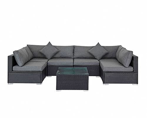 Home Detail Rattan Garden Furniture Set Corner Garden Set L-Shaped Sofa Modular Seating Lounge Set & Coffee Table Outdoor Patio 7 Piece Dining Set for up to 7 People (Black & Grey)