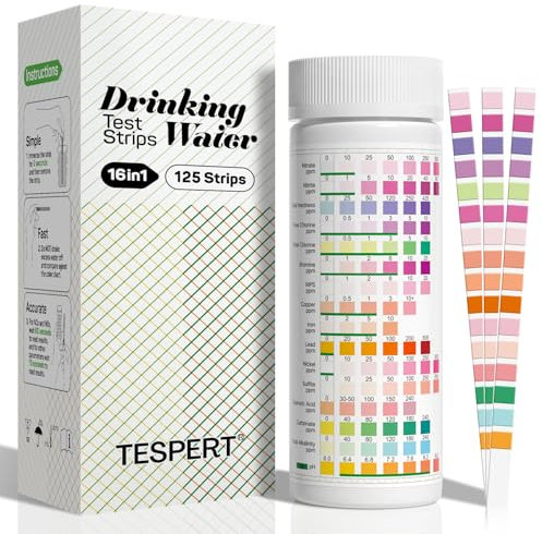 Kit de prueba de agua para agua potable – 125 tiras 16 en 1 pozos y kit de prueba de agua potable TESPERT tiras de prueba de agua con dureza, pH, mercurio, plomo, hierro, cobre, cloro, ácido cianúrico