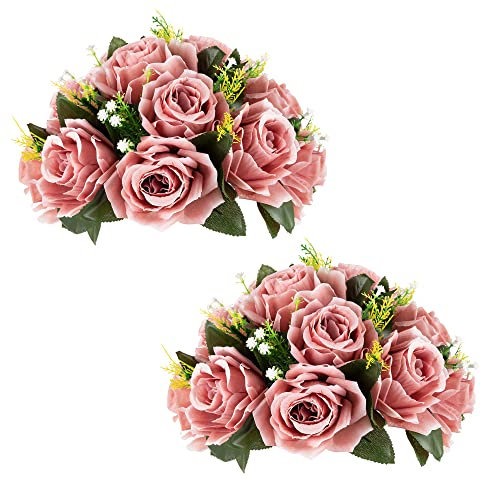 Blosmon, Blumen-Mittelstücke in Altrosa: 2 Stück künstliche Rosenblumenbälle für Hochzeits- und Esstische – künstliches Seiden-Kuss-Blumenarrangement für Heim-, Party- und Eventdekoration