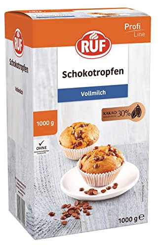 RUF Schoko Tröpfchen Vollmilch 30% Kakaogehalt, zum Einbacken oder Garnieren für Kuchen, Torte, Cookies und Muffins, glutenfrei, Topping für Eis und Porridge, 1x1000g