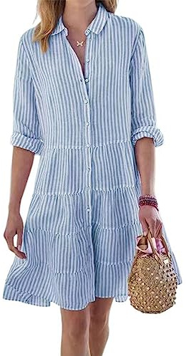 utcoco Womens Striped Button Down Midi Shirt Dress Casual Loose Cuffed Long Sleeve Mid Long Dresses (Medium, Blue)